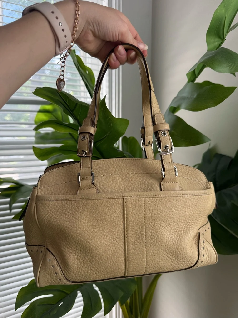 Coach Pebbled Leather Satchel in Beige with Dark Trim